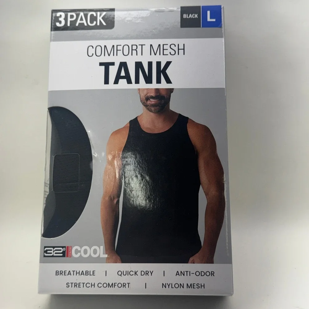 32 Degrees Cool Mens Comfort Mesh Tank 3-Pack Black Large Quick Dry Anti-Odor